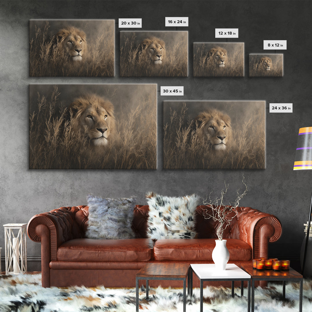 Lion Emerging from Golden Savanna Grass Canvas Print, Wildlife Art, Bird Wall Art, Living Room Decor, Fine Art, Wild, WIL-3x2-53