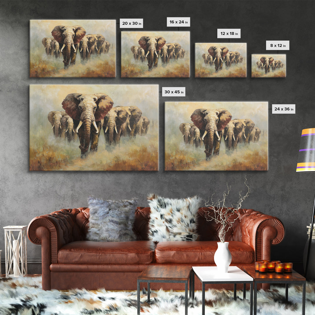 Elephant Herd Walking Through Dusty Sunset Canvas Print, Wildlife Art, Living Room Wall Art, Living Room Decor, Fine Art, Wild, WIL-3x2-54