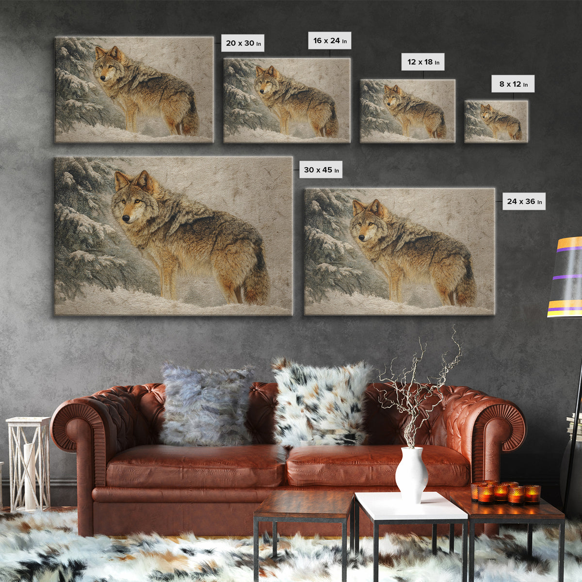 Wolf Standing Beneath Snowy Pine Trees Framed Canvas Print, Wildlife Art, Wall Decor, Living Room Decor, Oil Painting, Wild, WIL-3x2-55