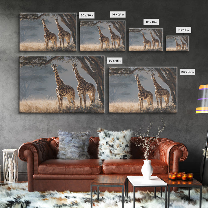 Giraffe Pair under Acacia Tree Framed Canvas Print, Wildlife Art, Living Room Decor, Oil Painting, Wild, Digital Wall Art, WIL-3x2-59
