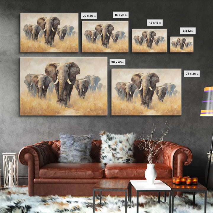 Elephant Herd Walking Through Dusty Sunset Framed Canvas Print, Wildlife Art, Living Room Decor, Wild, Living Room Art, WIL-3x2-6