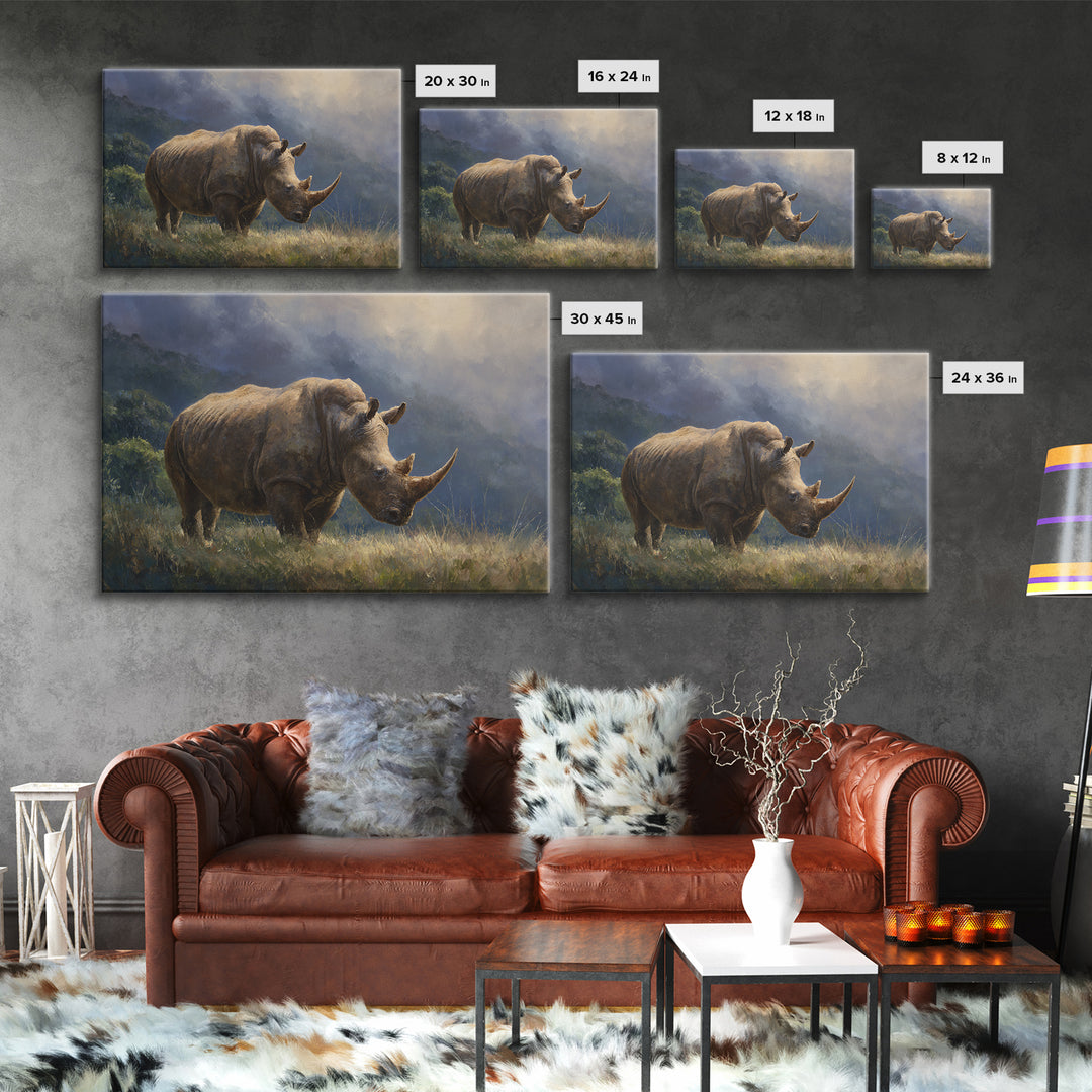 Rhino in Dramatic Stormy Light Framed Canvas Print, Wildlife Art, Original Artwork, Living Room Decor, Fine Art, Wild, WIL-3x2-60