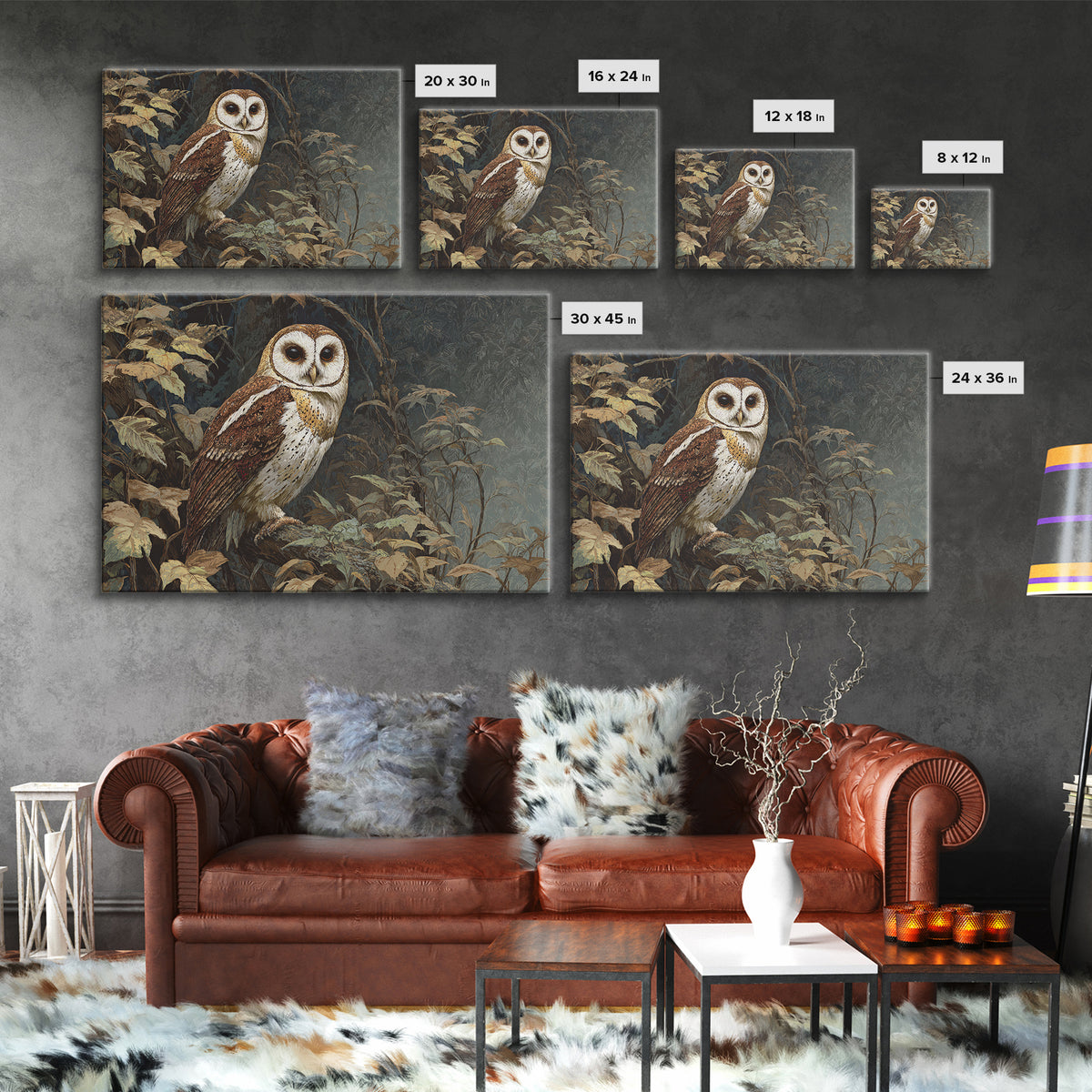 Owl Perched in Moonlit Woodland Framed Canvas Print, Wildlife Art, Gallery Decor, Living Room Decor, Abstract Art, Wild, WIL-3x2-64