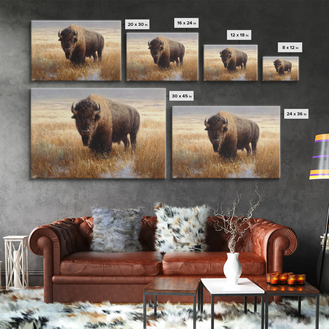 Bison on Wide Western Prairie Framed Canvas Print, Wildlife Art, Digital Download Art, Living Room Decor, Watercolor Art, Wild, WIL-3x2-65