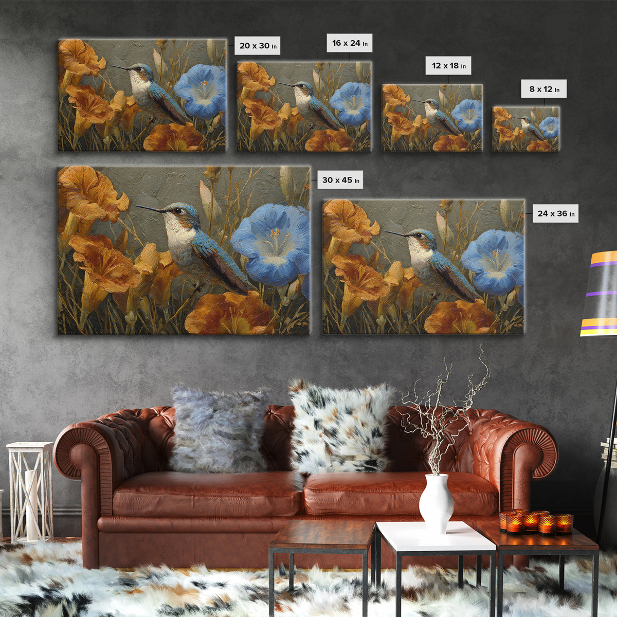 Hummingbird Beside Bright Flowers Canvas Print, Wildlife Art, Neutral Decor, Living Room Decor, Oil Painting, Wild, Wall Art, WIL-3x2-68