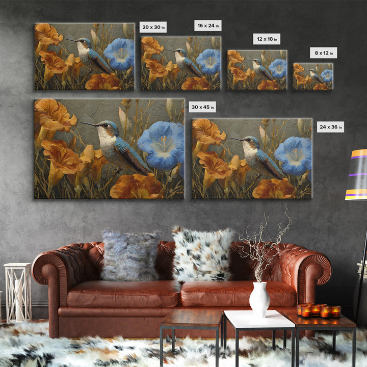 Hummingbird Beside Bright Flowers Canvas Print, Wildlife Art, Neutral Decor, Living Room Decor, Oil Painting, Wild, Wall Art, WIL-3x2-68