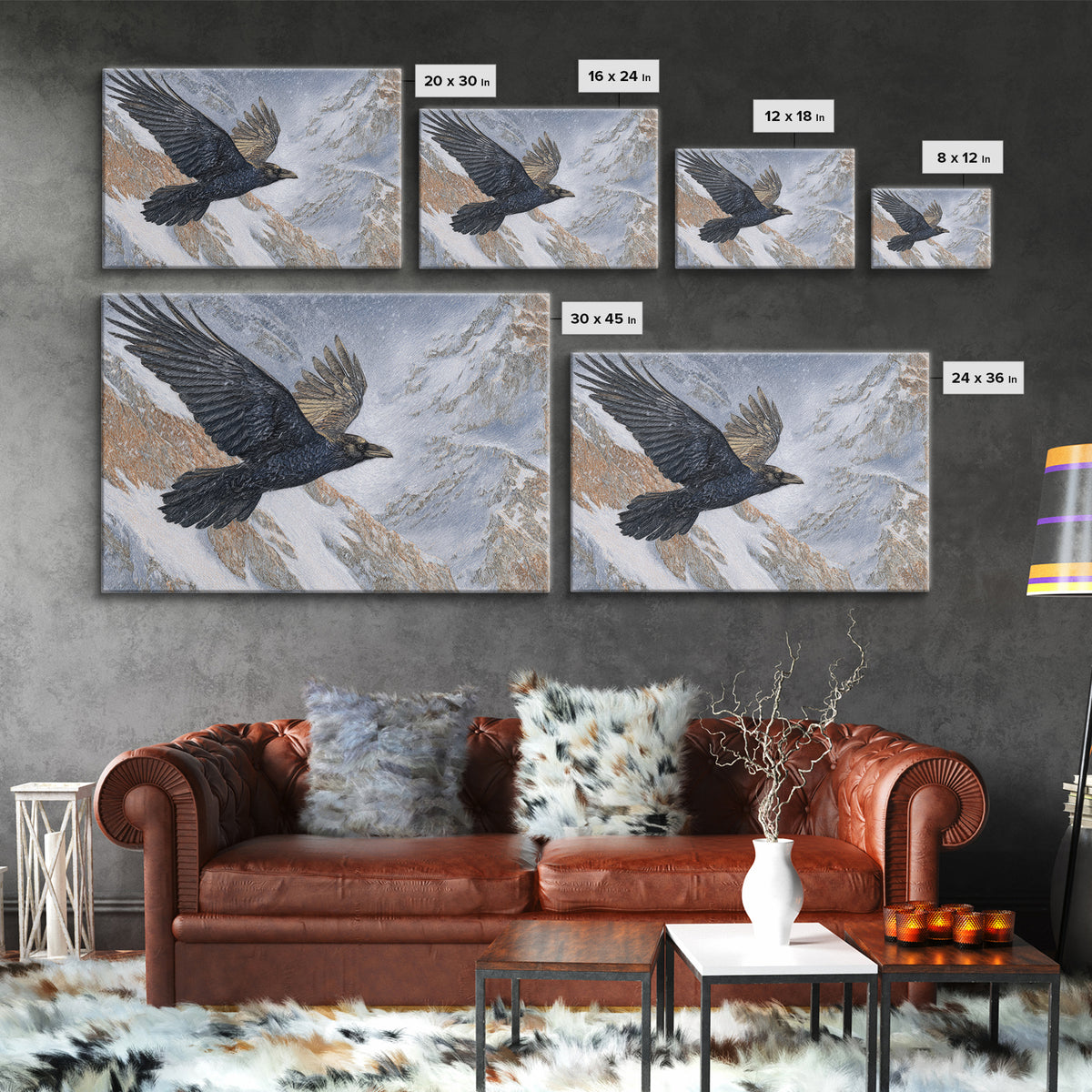 Raven Flying Through Snowy Mountains Canvas Print, Wildlife Art, Forest Wall Art, Living Room Decor, Fine Art, Wild, WIL-3x2-76
