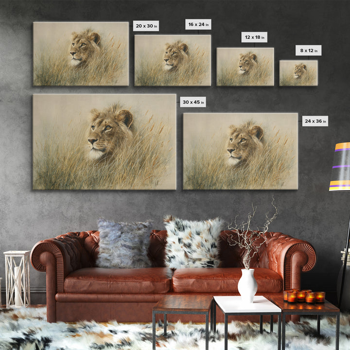 Lion Emerging from Golden Savanna Grass Framed Canvas Print, Wildlife Art, Gallery Decor, Living Room Decor, Fine Art, Wild, WIL-3x2-77