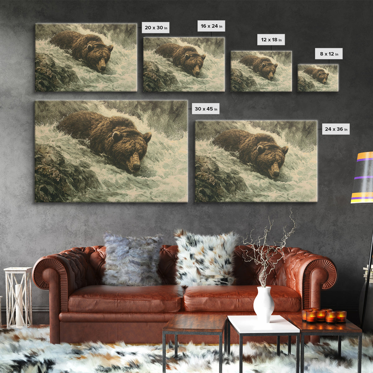 Bear Fishing in Rushing Mountain River Framed Canvas Print, Wildlife Art, Wall Art Print, Living Room Decor, Fine Art, Wild, WIL-3x2-8