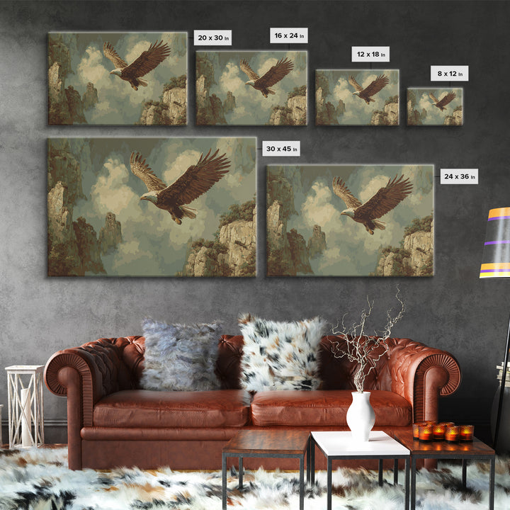 Eagle Soaring Above Rocky Cliffs Framed Canvas Print, Wildlife Art, Living Room Art, Living Room Decor, Oil Painting, Wild, WIL-3x2-82