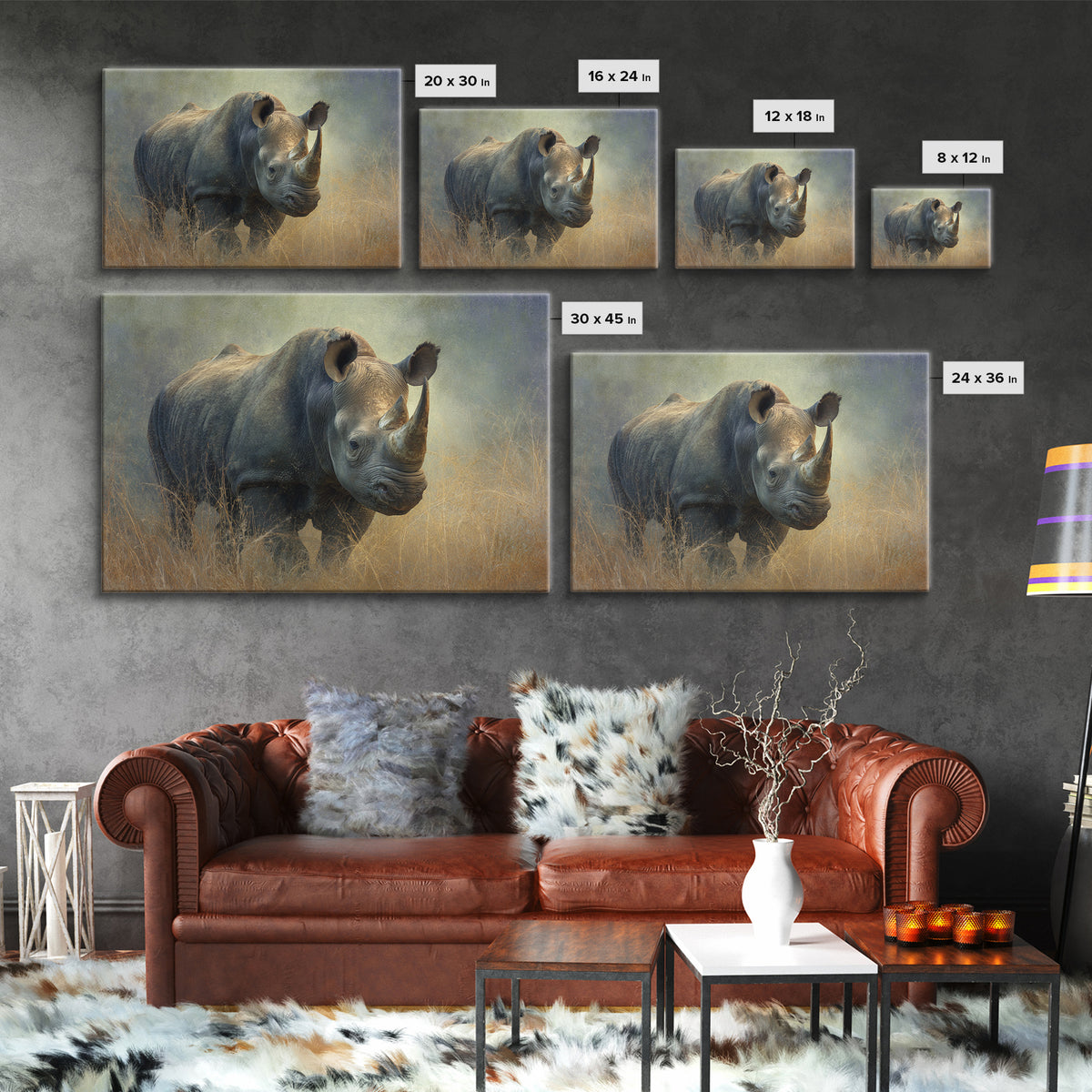Rhino in Dramatic Stormy Light Canvas Print, Wildlife Art, Boho Decor, Living Room Decor, Fine Art, Wild, Wall Hangings, WIL-3x2-84