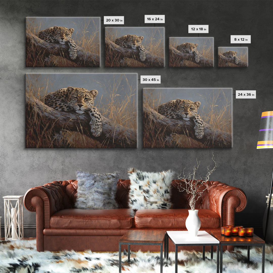 Leopard Resting on Tree Branch Framed Canvas Print, Wildlife Art, Modern Art, Living Room Decor, Fine Art, Wild, Neutral Decor, WIL-3x2-90