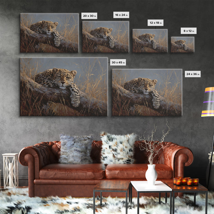 Leopard Resting on Tree Branch Framed Canvas Print, Wildlife Art, Modern Art, Living Room Decor, Fine Art, Wild, Neutral Decor, WIL-3x2-90