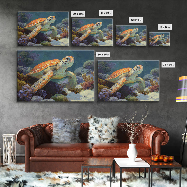 Sea Turtle over Coral Reef Canvas Print, Wildlife Art, Landscape Art, Living Room Decor, Abstract Art, Wild, Modern Decor, WIL-3x2-94