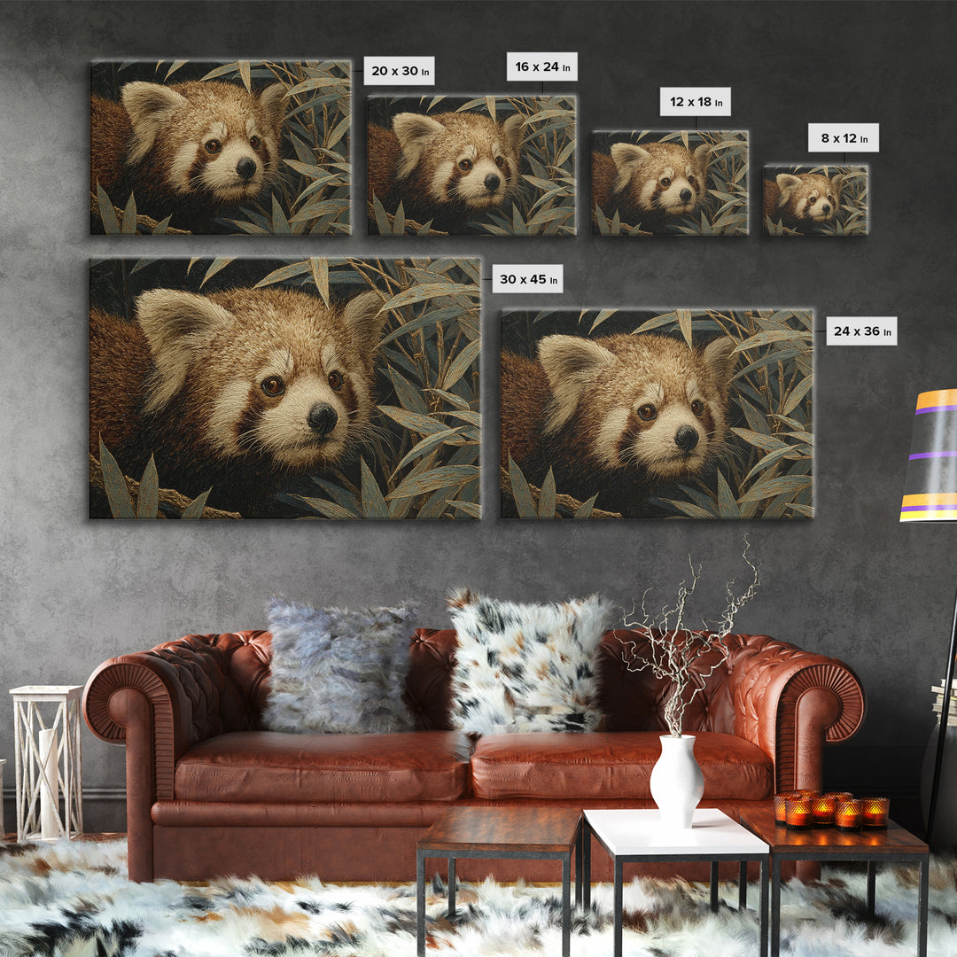 Red Panda Among Bamboo Leaves Framed Canvas Print, Wildlife Art, Art Print, Living Room Decor, Fine Art, Wild, Digital Wall Art, WIL-3x2-96