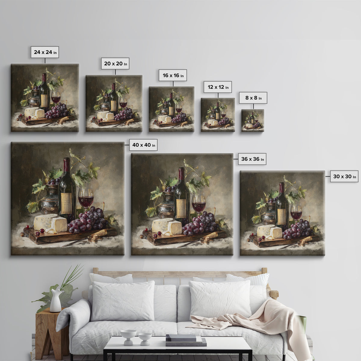 Charcuterie Board with Grapes and Cheese Canvas Print, Winery Art, Cocktail Wall Art, Winery Decor, Watercolor Art, Vineyard, WIN-1x1-13