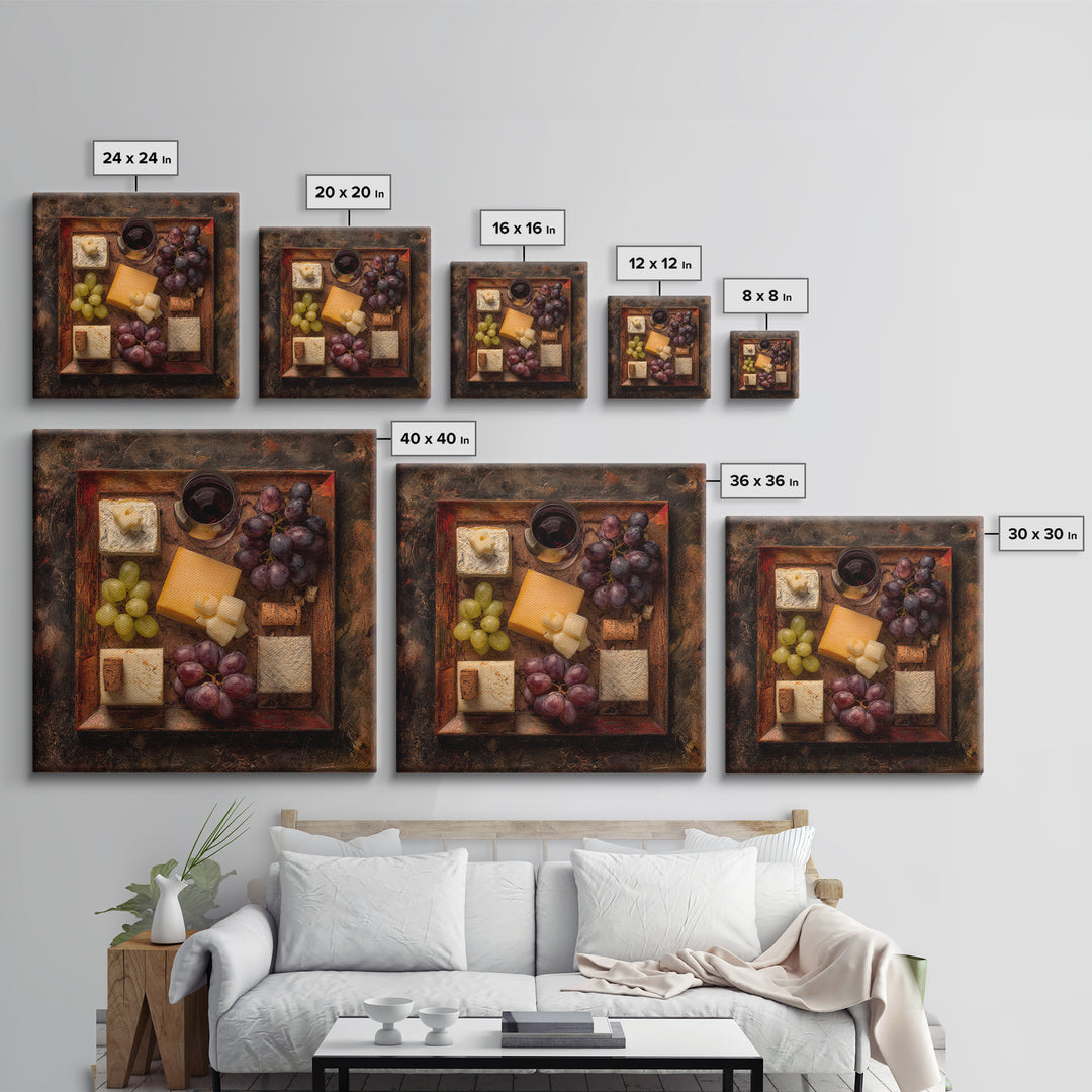 Charcuterie Board with Grapes and Cheese Framed Canvas Print, Winery Art, Boho Decor, Winery Decor, Oil Painting, Vineyard, WIN-1x1-37