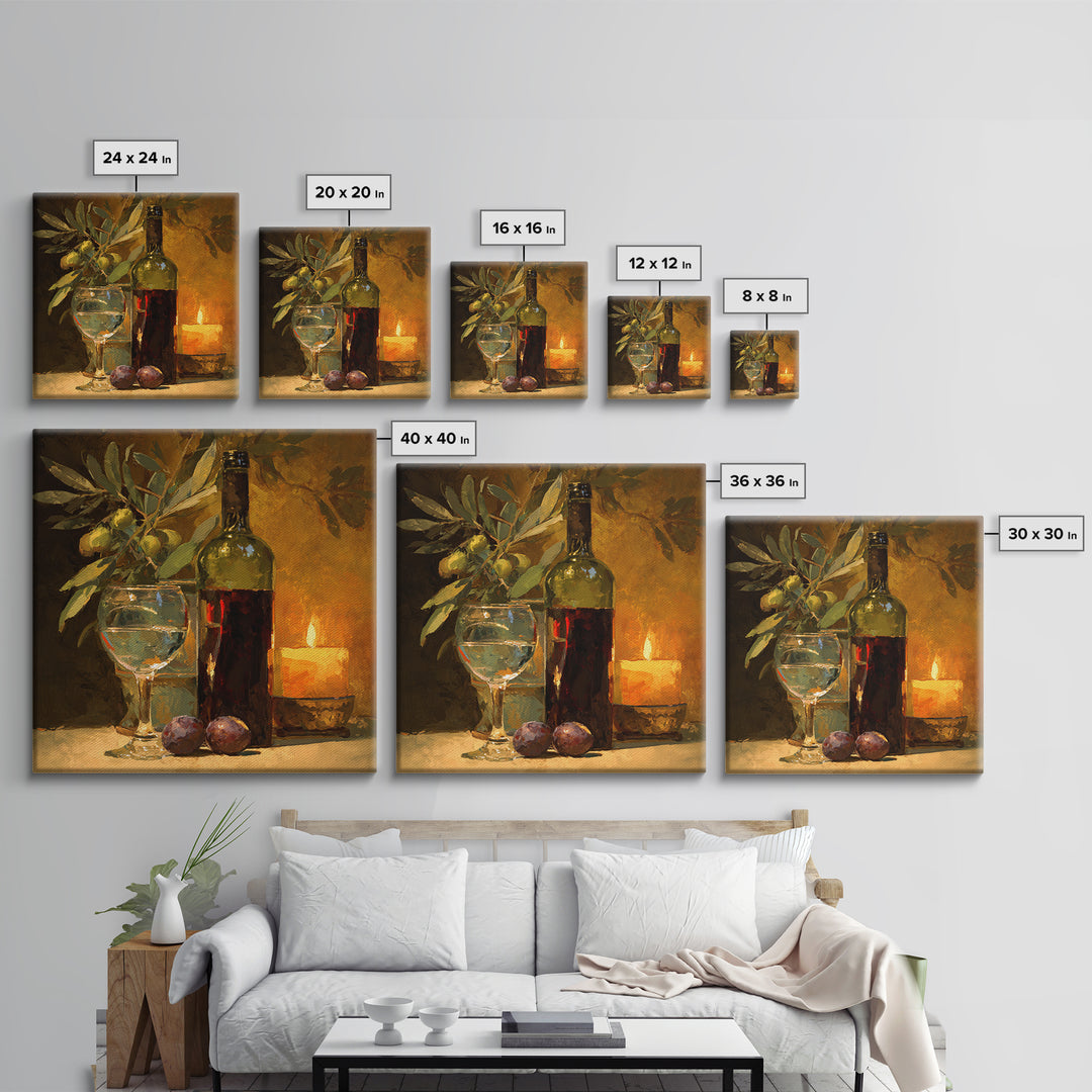 Olive Branch and Wine Glass Mediterranean Still Framed Canvas Print, Winery Art, Winery Decor, Oil Painting, Vineyard, WIN-1x1-48
