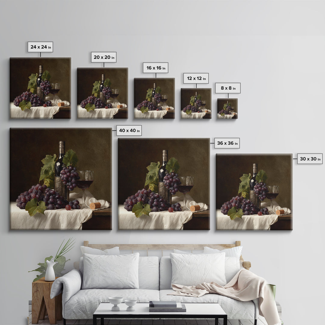 Champagne Grapes and White Linen Still Life Framed Canvas Print, Winery Art, Winery Decor, Abstract Art, Vineyard, WIN-1x1-53