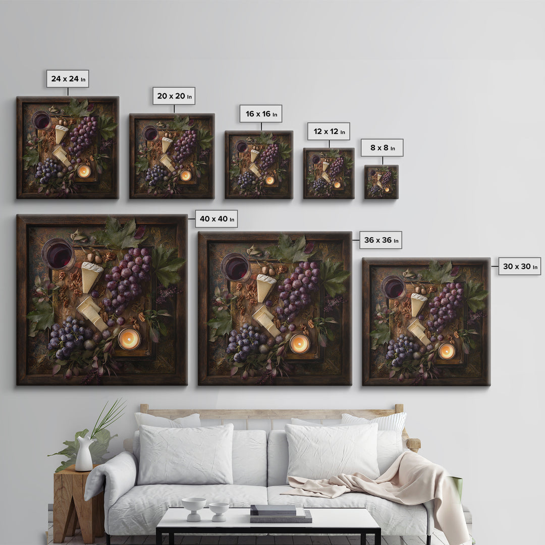 Charcuterie Board with Grapes and Cheese Framed Canvas Print, Winery Art, Boho Decor, Winery Decor, Oil Painting, Vineyard, WIN-1x1-61