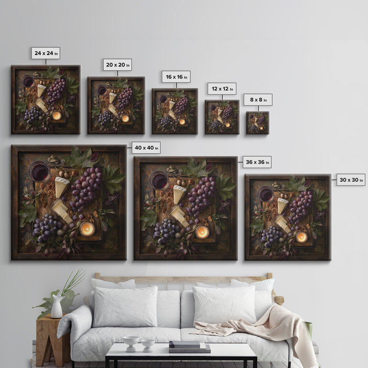 Charcuterie Board with Grapes and Cheese Framed Canvas Print, Winery Art, Boho Decor, Winery Decor, Oil Painting, Vineyard, WIN-1x1-61