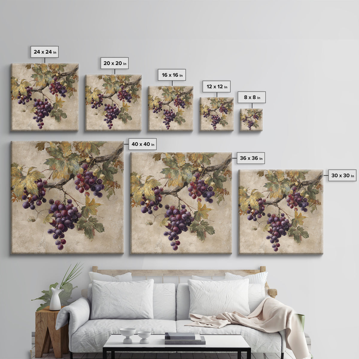 Grapevine Branch with Purple Grapes and Leaves Framed Canvas Print, Winery Art, Home Decor, Winery Decor, Fine Art, Vineyard, WIN-1x1-73
