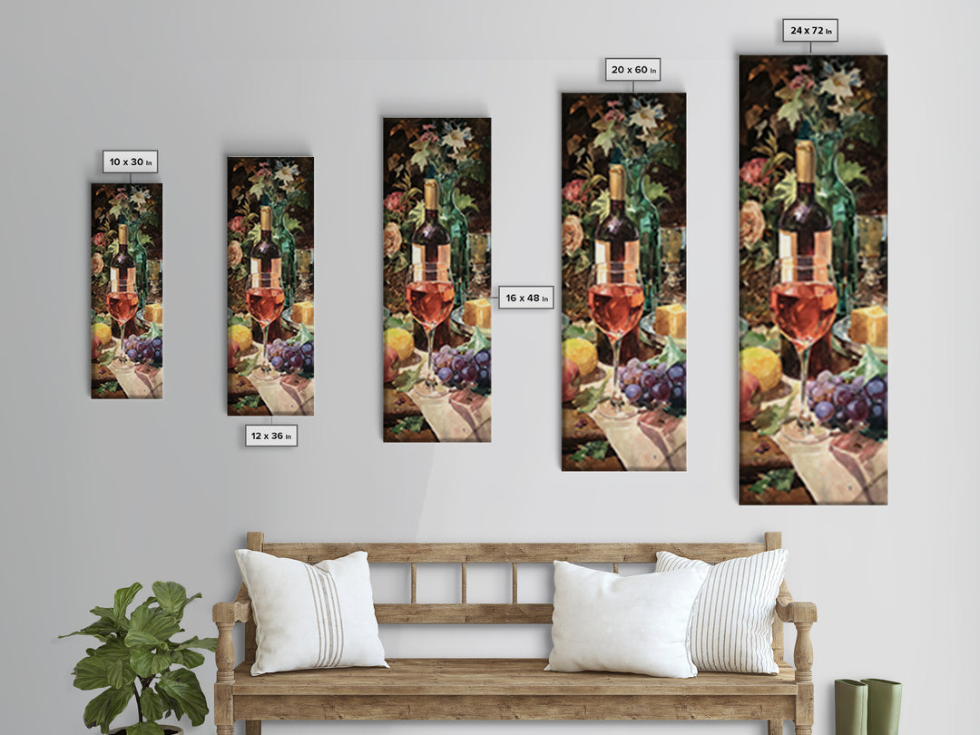 Ros Glass Beside Summer Flowers Canvas Print, Winery Art, Living Room Art, Winery Decor, Watercolor Art, Vineyard, WIN-1x3-2