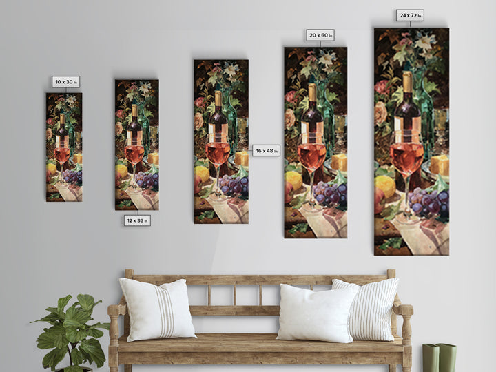 Ros Glass Beside Summer Flowers Canvas Print, Winery Art, Living Room Art, Winery Decor, Watercolor Art, Vineyard, WIN-1x3-2