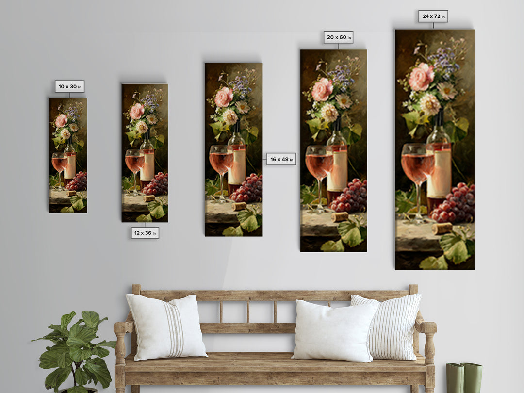 Ros Glass Beside Summer Flowers Canvas Print, Winery Art, Living Room Art, Winery Decor, Watercolor Art, Vineyard, WIN-1x3-26