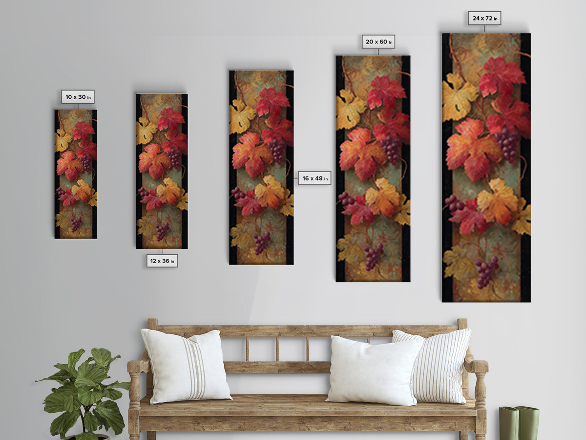 Vine Leaves Turning Autumn Red and Gold Framed Canvas Print, Winery Art, Watercolor Painting, Winery Decor, Fine Art, Vineyard, WIN-1x3-47