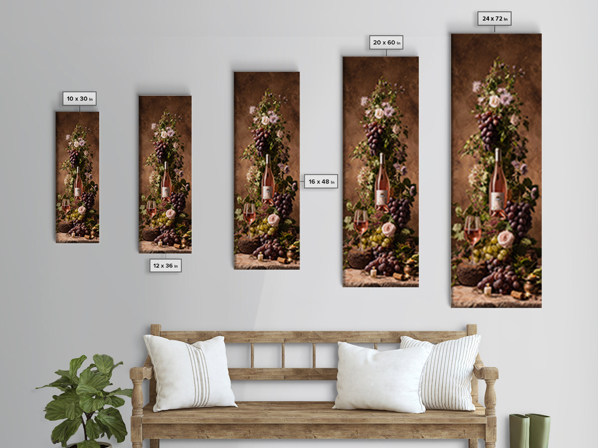 Ros Glass Beside Summer Flowers Framed Canvas Print, Winery Art, Fine Art Print, Winery Decor, Watercolor Art, Vineyard, WIN-1x3-74