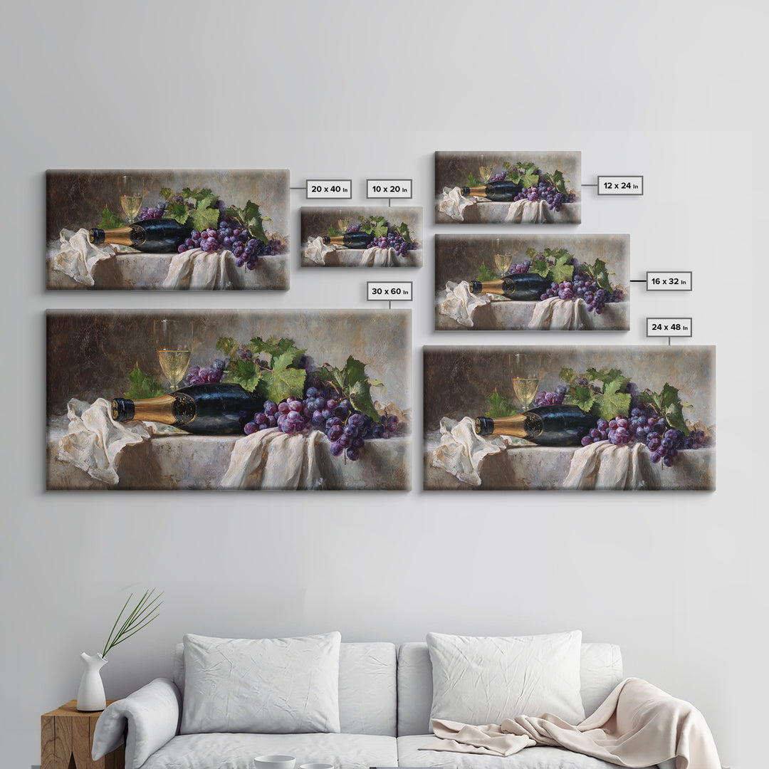 Champagne Grapes and White Linen Still Life Framed Canvas Print, Winery Art, Printable Wall Art, Winery Decor, Vineyard, WIN-2x1-1
