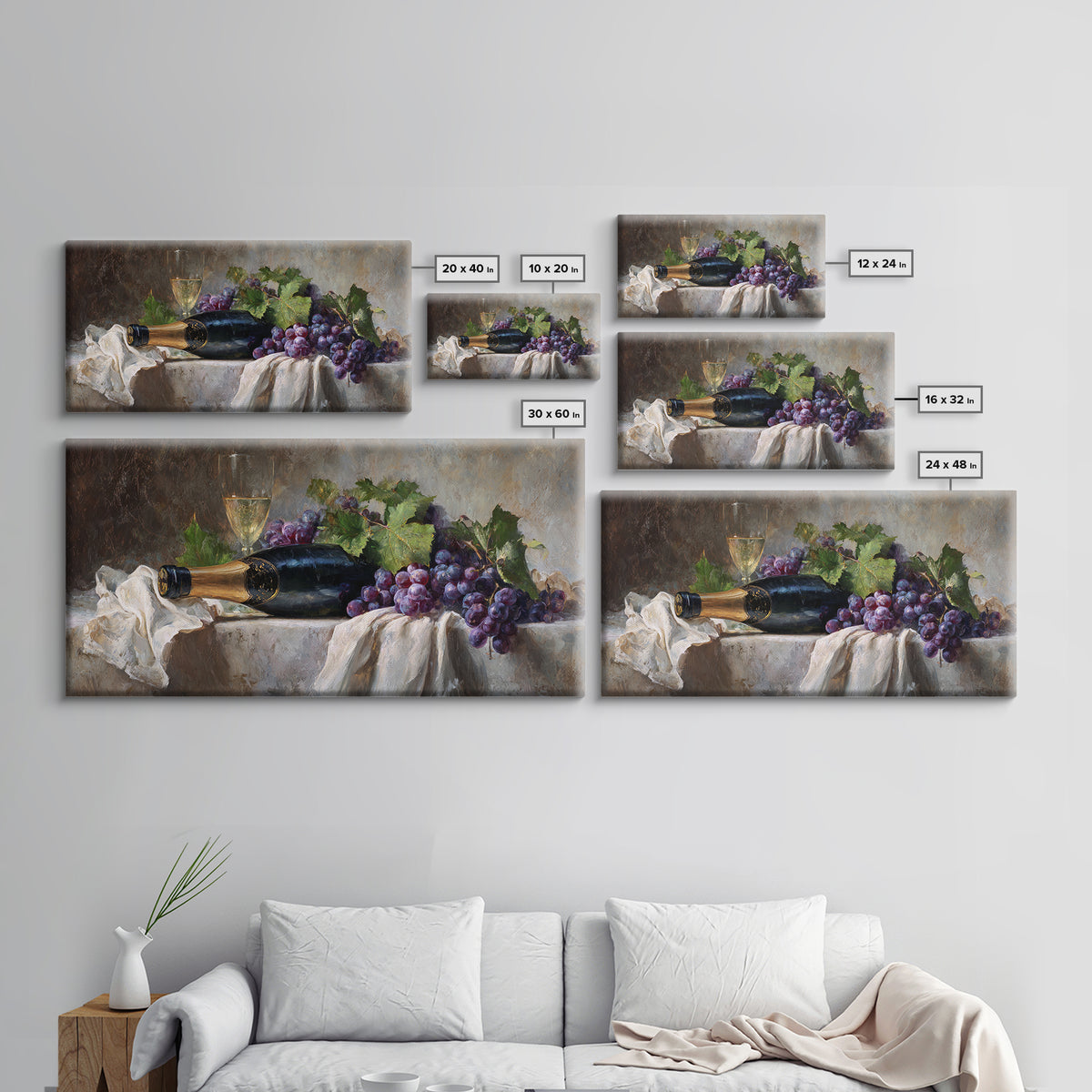 Champagne Grapes and White Linen Still Life Framed Canvas Print, Winery Art, Printable Wall Art, Winery Decor, Vineyard, WIN-2x1-1