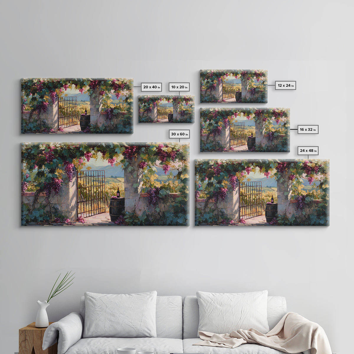 Vineyard Gate with Climbing Roses Framed Canvas Print, Winery Art, Wall Art, Winery Decor, Oil Painting, Vineyard, WIN-2x1-35