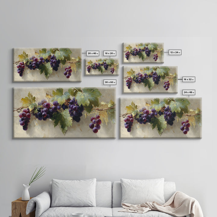 Grapevine Branch with Purple Grapes and Leaves Framed Canvas Print, Winery Art, Kitchen Wall Art, Winery Decor, Oil Painting, WIN-2x1-45
