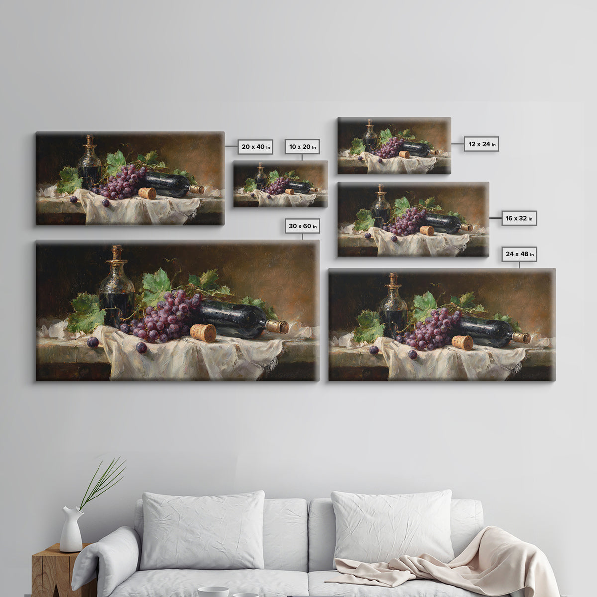 Champagne Grapes and White Linen Still Life Framed Canvas Print, Winery Art, Watercolor Painting, Winery Decor, Abstract Art, WIN-2x1-97