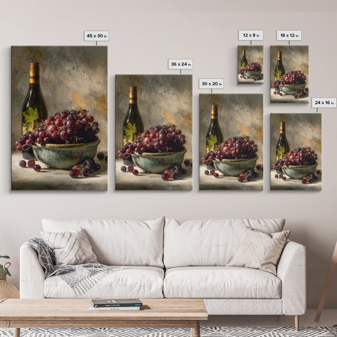 Grapes in a Ceramic Bowl with Shadows Framed Canvas Print, Winery Art, Kitchen Decor, Winery Decor, Abstract Art, Vineyard, WIN-2x3-17