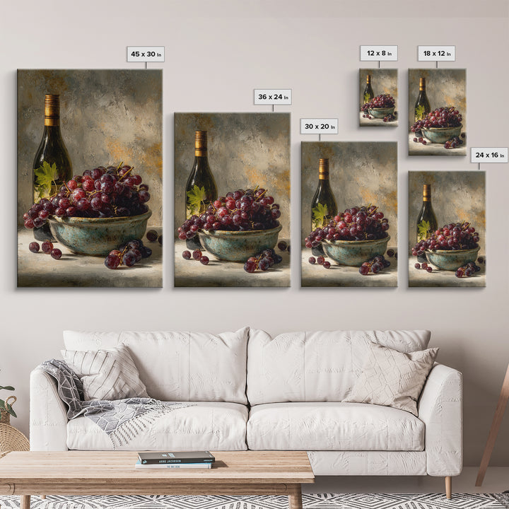 Grapes in a Ceramic Bowl with Shadows Framed Canvas Print, Winery Art, Kitchen Decor, Winery Decor, Abstract Art, Vineyard, WIN-2x3-17