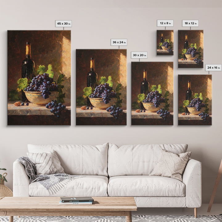 Grapes in a Ceramic Bowl with Shadows Framed Canvas Print, Winery Art, Kitchen Decor, Winery Decor, Abstract Art, Vineyard, WIN-2x3-41