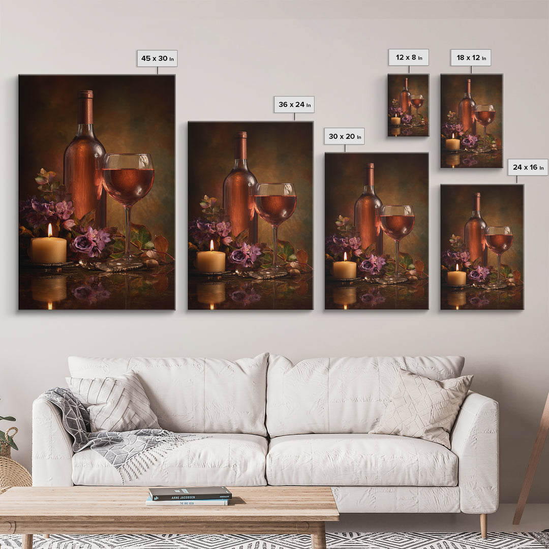 Ros Glass Beside Summer Flowers Framed Canvas Print, Winery Art, Art, Winery Decor, Fine Art, Vineyard, Farmhouse Decor, WIN-2x3-46
