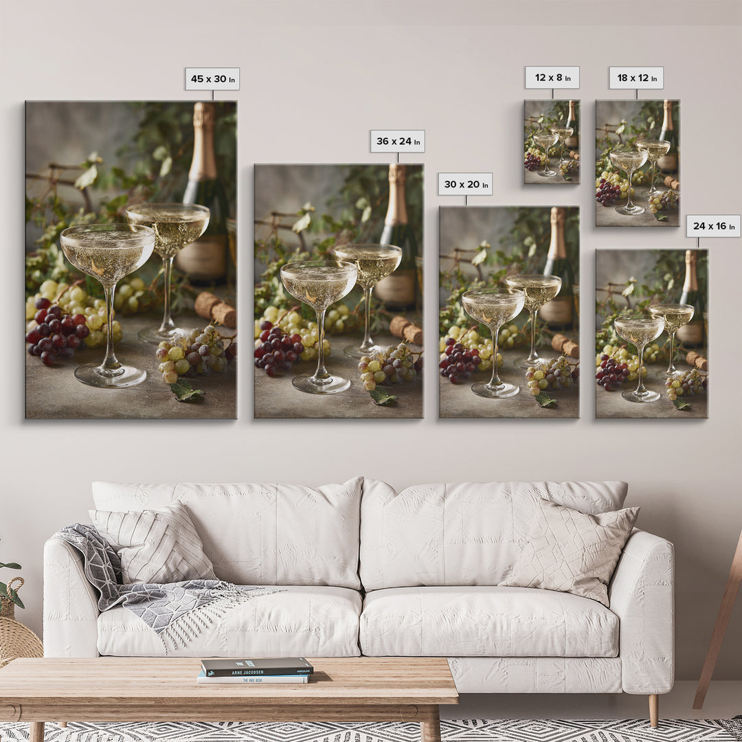 Champagne Coupe with Bubbles and Light Framed Canvas Print, Winery Art, Art Print, Winery Decor, Oil Painting, Vineyard, WIN-2x3-51