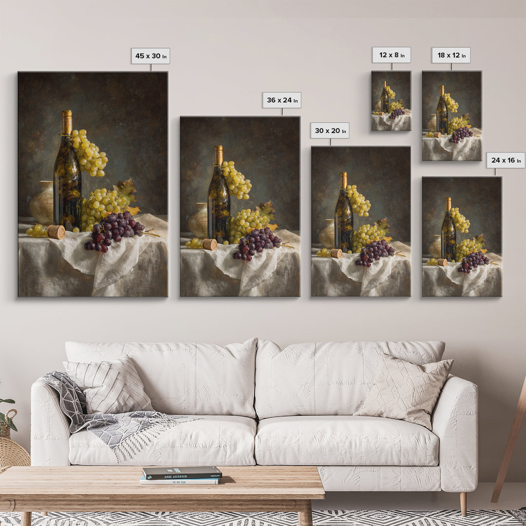 Champagne Grapes and White Linen Still Life Canvas Print, Winery Art, Living Room Decor, Winery Decor, Fine Art, Vineyard, WIN-2x3-61