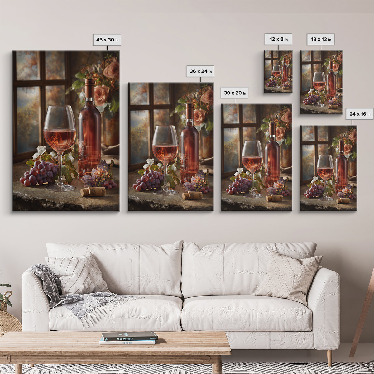 Ros Glass Beside Summer Flowers Canvas Print, Winery Art, Winery Decor, Oil Painting, Vineyard, Retro Wall Art, WIN-2x3-70