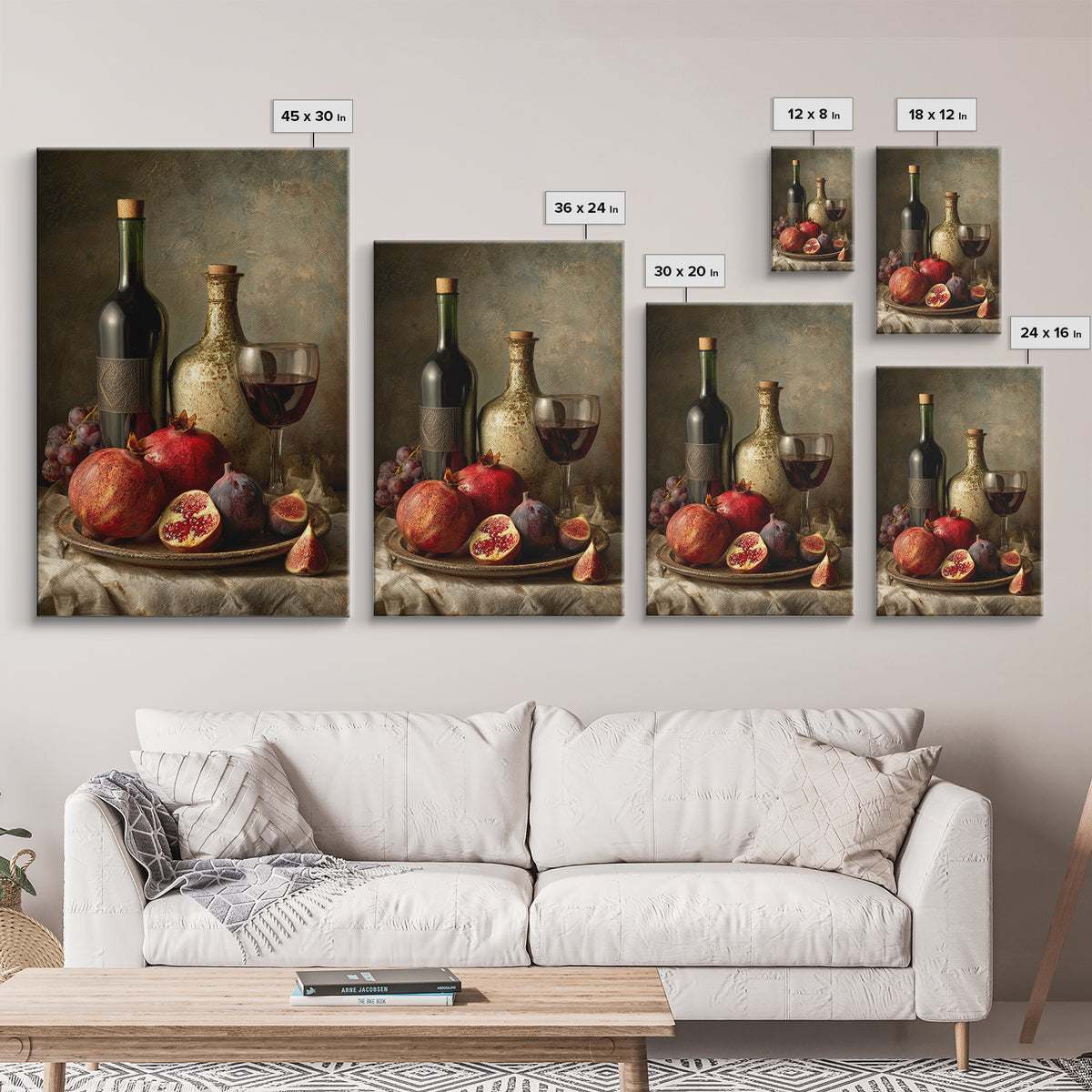 Pomegranate Figs and Red Wine Composition Framed Canvas Print, Winery Art, Watercolor Painting, Winery Decor, Vineyard, WIN-2x3-73
