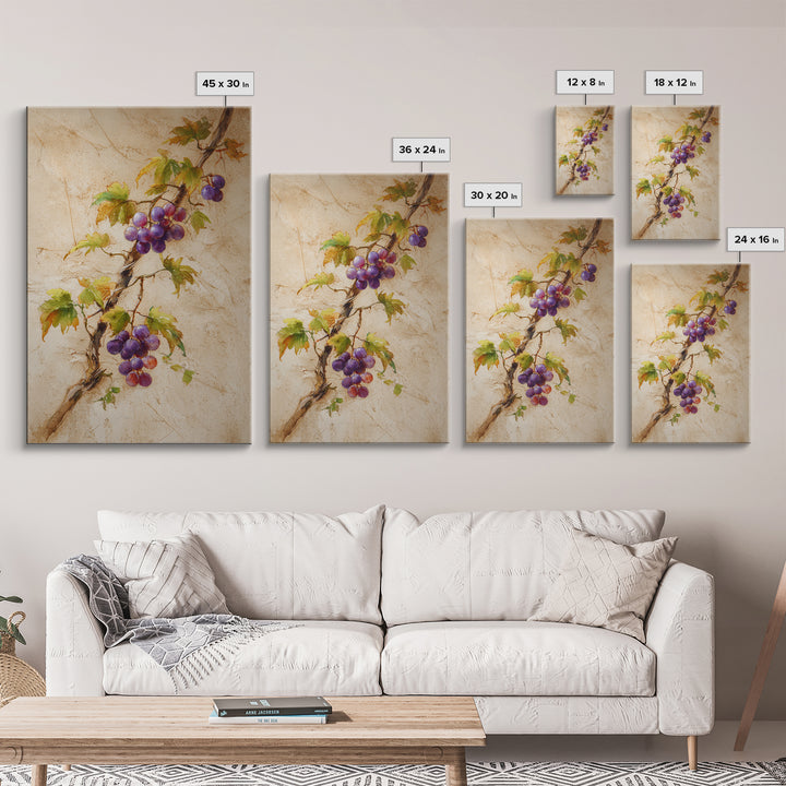 Grapevine Branch with Purple Grapes and Leaves Canvas Print, Winery Art, Wall Hanging, Winery Decor, Watercolor Art, Vineyard, WIN-2x3-9