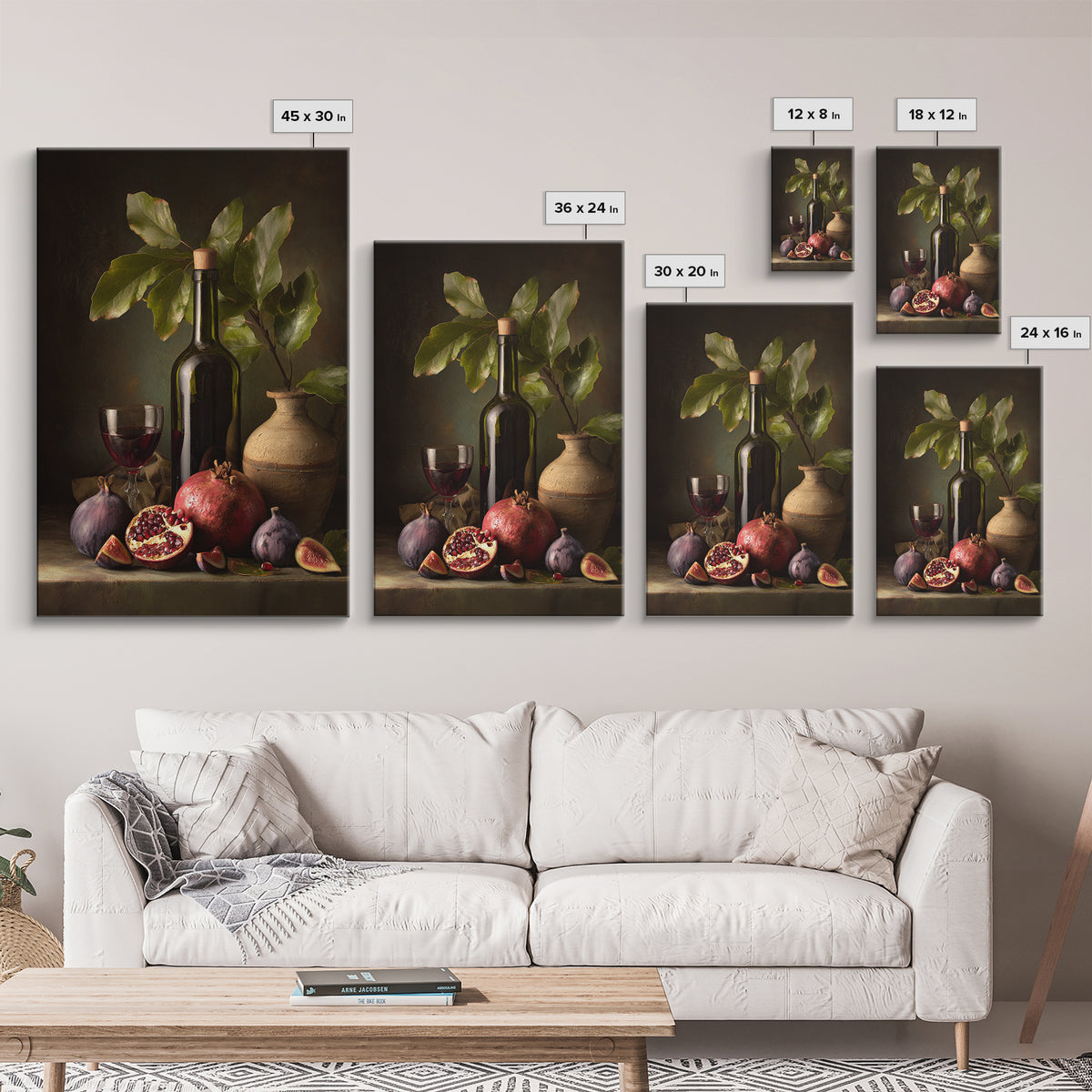 Pomegranate Figs and Red Wine Composition Framed Canvas Print, Winery Art, Watercolor Painting, Winery Decor, Vineyard, WIN-2x3-97