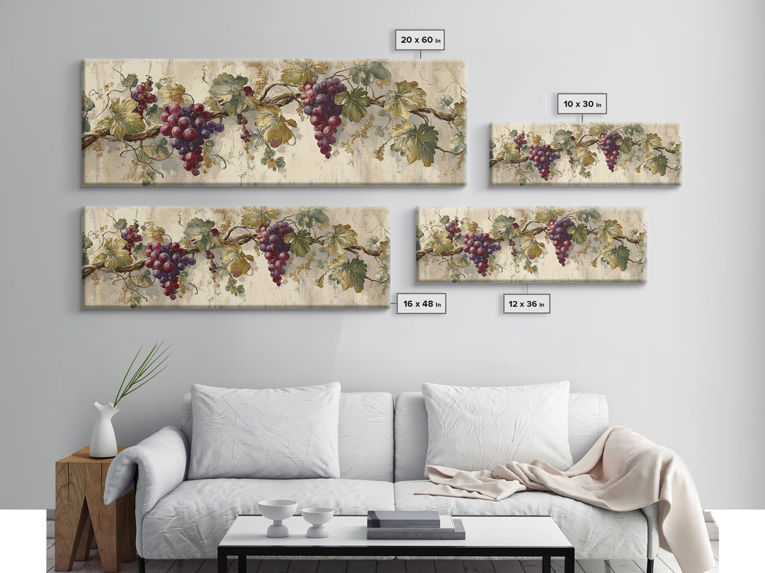 Grapevine Branch with Purple Grapes and Leaves Framed Canvas Print, Winery Art, Gallery Wall Art, Winery Decor, Watercolor Art, WIN-3x1-17