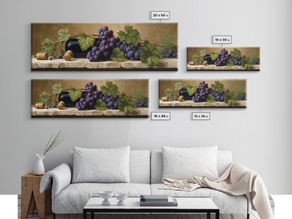 Grapevine Branch with Purple Grapes and Leaves Canvas Print, Winery Art, Cocktail Wall Art, Winery Decor, Fine Art, Vineyard, WIN-3x1-41