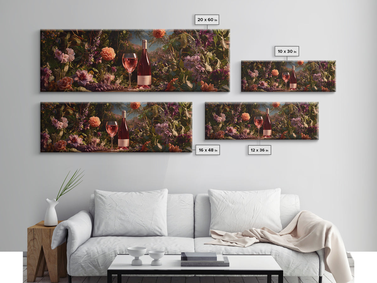 Ros Glass Beside Summer Flowers Canvas Print, Winery Art, Living Room Art, Winery Decor, Watercolor Art, Vineyard, WIN-3x1-54