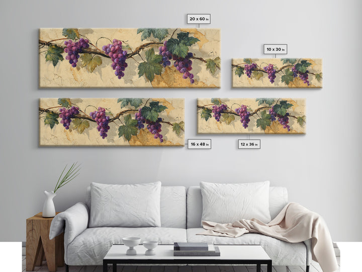 Grapevine Branch with Purple Grapes and Leaves Canvas Print, Winery Art, Cocktail Wall Art, Winery Decor, Fine Art, Vineyard, WIN-3x1-65